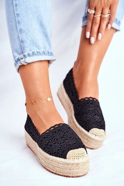 Espadryle Damskie Koronkowe Czarne Platforma Desante