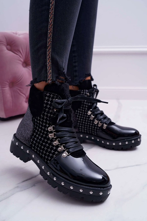 Botki Damskie Płaski Obcas Czarne Farell