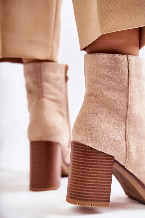 Damskie Zamszowe Botki Na Słupku Z Suwakiem Beżowe Odette