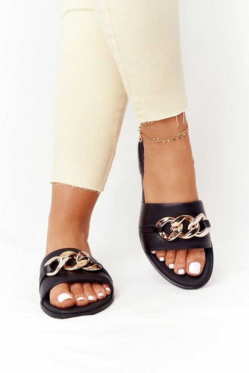 Skórzane Klapki Z Łańcuszkiem Nicole 2652 Czarne