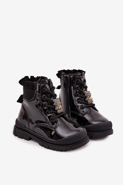 Lakierowane Botki Dziecięce Ocieplane Z Przypinką Miś Czarne Fionessa