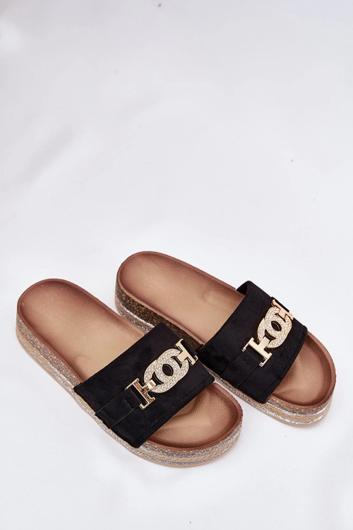 Klapki Damskie Ze Złotym Detalem Na Platformie Z Brokatem Czarne Eanes