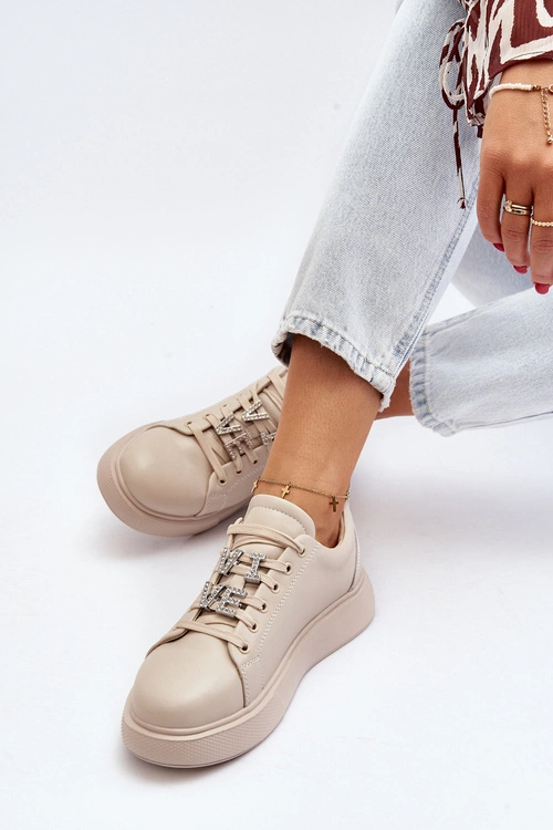 Damskie Sneakersy Skórzane Z Ozdobami Beżowe Dysuria