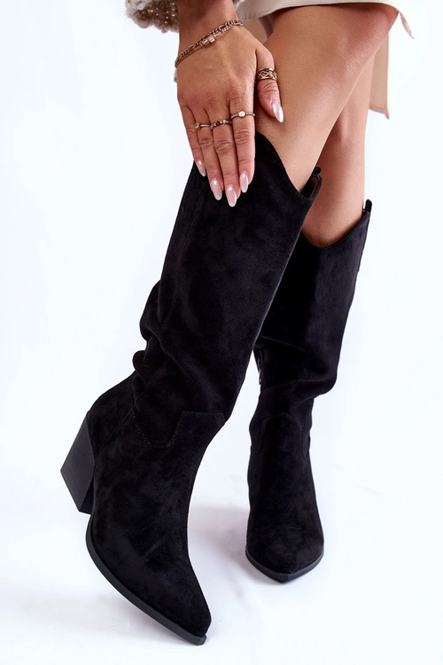 Damskie Zamszowe Kozaki Kowbojki Czarne Alaina