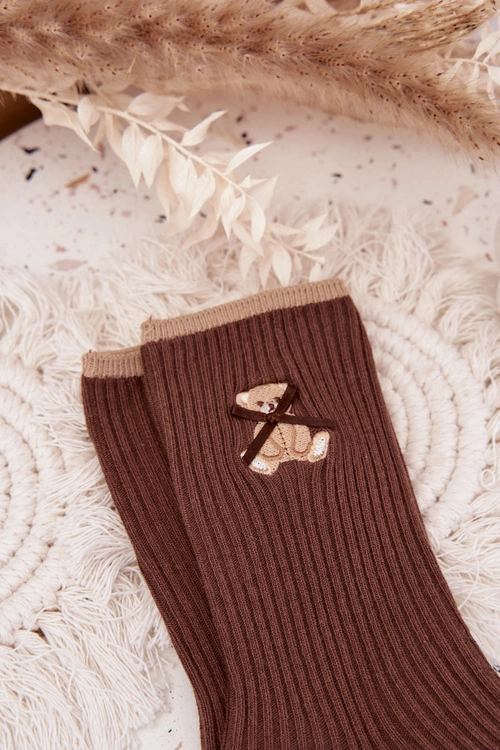 Bawełniane Skarpetki W Prążki Z Misiem Czekoladowe