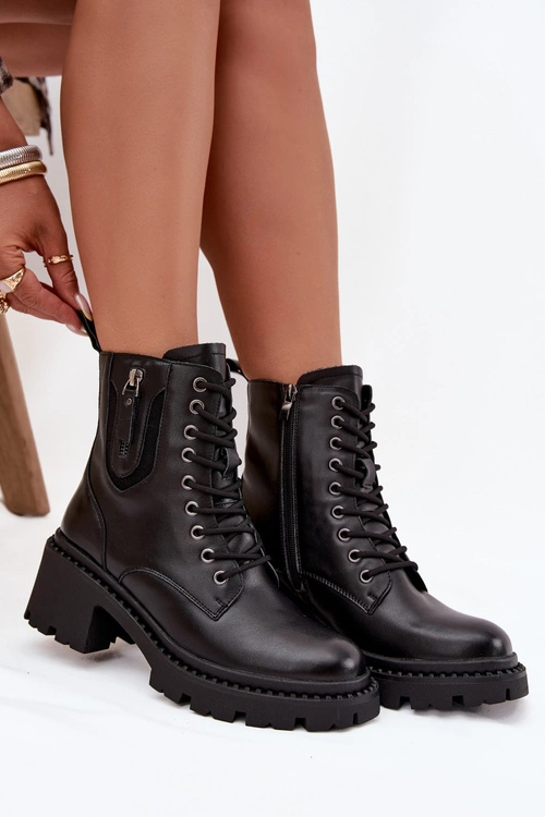 Skórzane Botki Damskie Na Klocku Ocieplane Vinceza 86418 Czarne