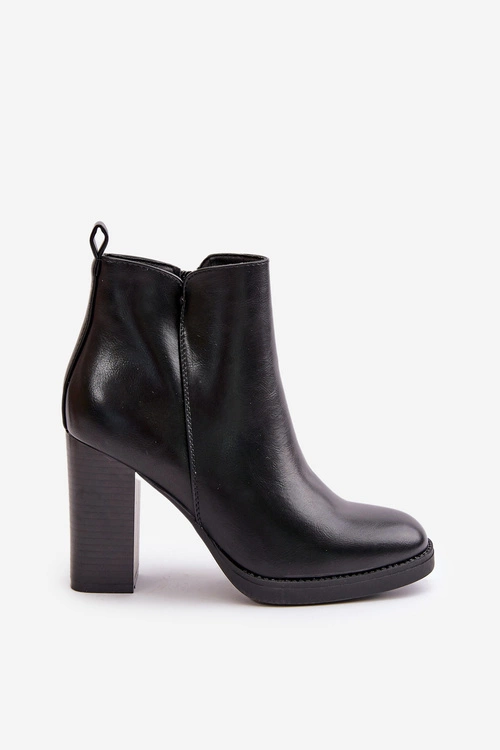 Ocieplane Botki Damskie Na Słupku Eko Skórzane Czarne Teresine