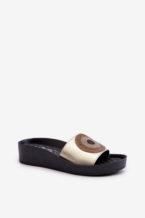 Skórzane Klapki Damskie Z Ozdobą S.Barski KV27-019 Złote