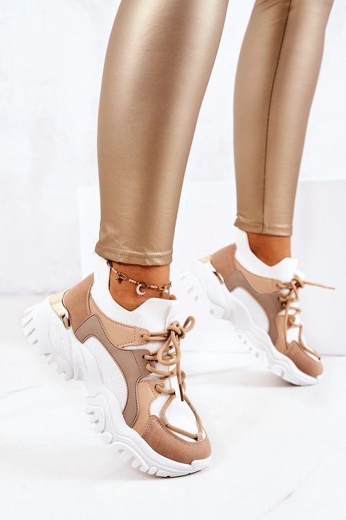 Sportowe Buty Sneakersy Skarpetkowe Beżowo-Białe Colleen