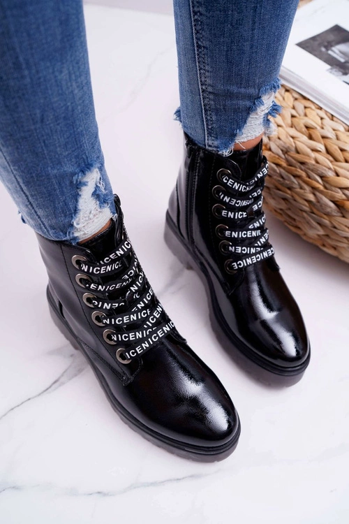 Botki Damskie Płaski Obcas Glany Lakierowane Czarne Sergio Leone TR726