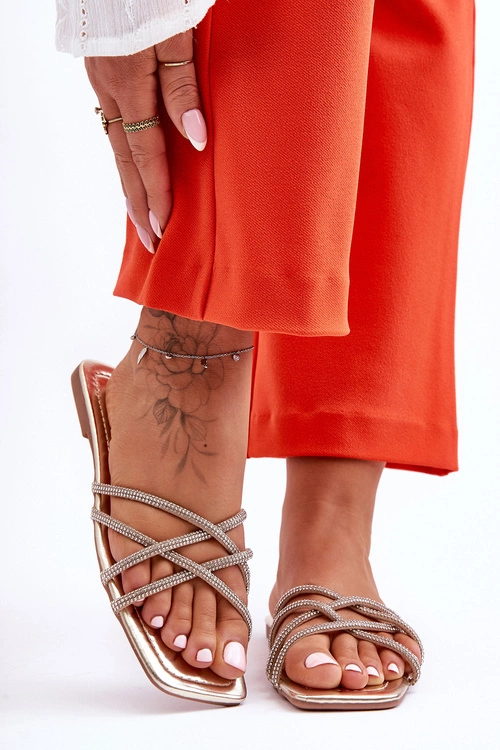 Damskie Klapki Z Paseczkami I Dżetami Złote Leomi