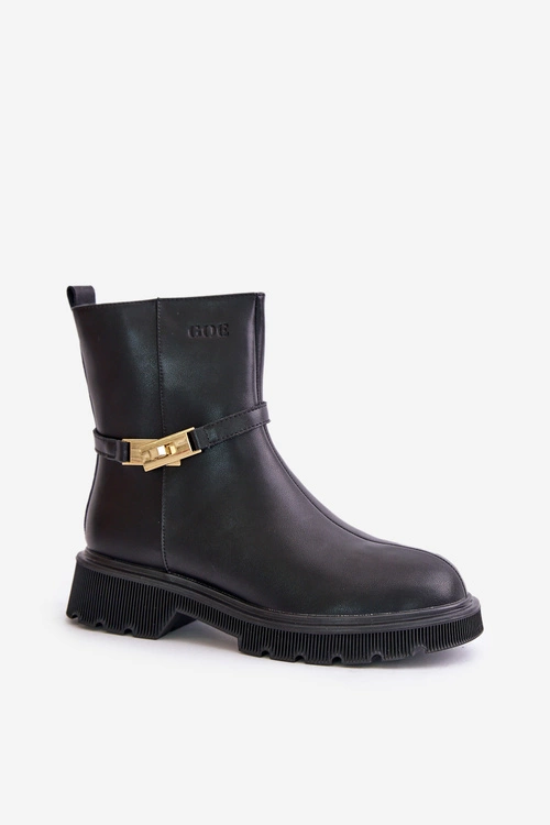 Skórzane Botki Damskie Z Paskiem Ocieplane GOE OO2N4150 Czarne