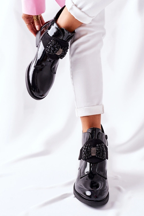 Botki Damskie Lakierowane Czarne Kryształy Schuler