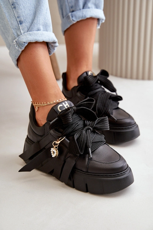 Sneakersy Skórzane Damskie Na Platformie Czarne CheBello 4568