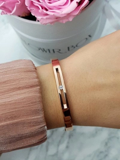 Damska Bransoleta Stalowa Z Cyrkonią Różowe Złoto Crystal