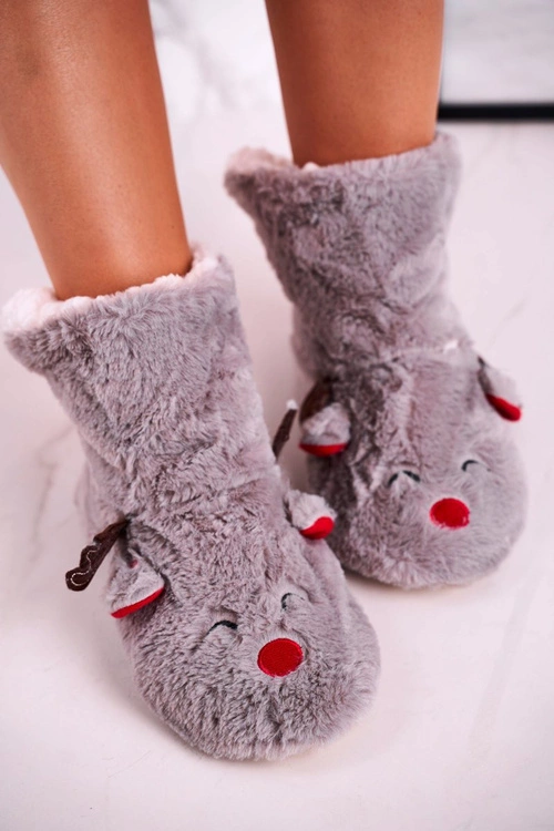 Świąteczne Papcie Z Reniferem Ocieplone Kożuszkiem Szare Rudolph
