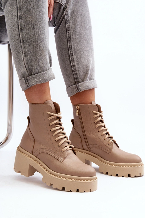 Zazoo 3413 Damskie Skórzane Botki Workery Na Masywnym Obcasie Beżowe