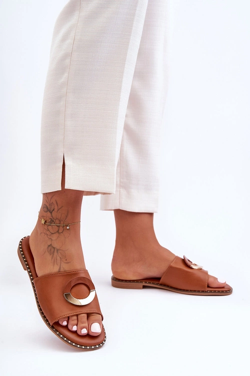 Damskie Klapki Z Ozdobą Brązowe Sherry