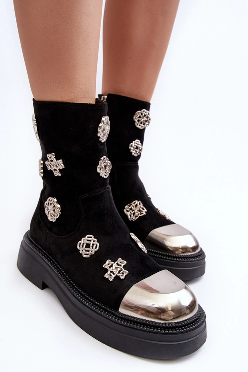 Zamszowe Ocieplane Botki Z Ozdobami D&A MR870-14 Czarne