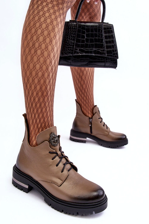 Damskie Skórzane Botki Na Płaskim Obcasie Beżowe Lemar Charline