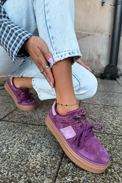 Skórzane Zamszowe Sneakersy Damskie Ocieplane Big Star UU274772 Fioletowe