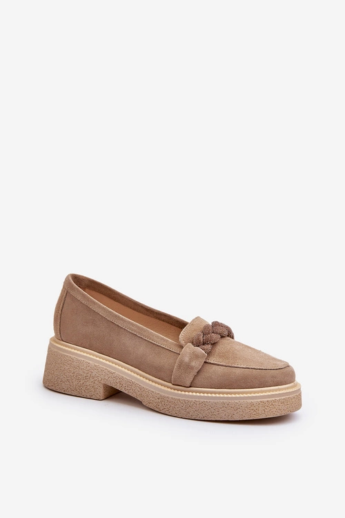 Zazoo 3429/W Damskie Zamszowe Mokasyny Z Ozdobą Beżowe
