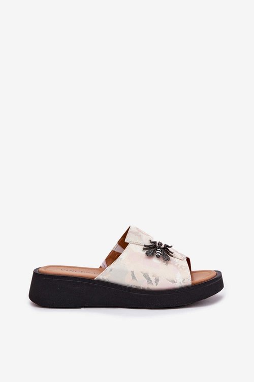 Skórzane Klapki Damskie Z Broszką Vinceza 66752 Beżowe