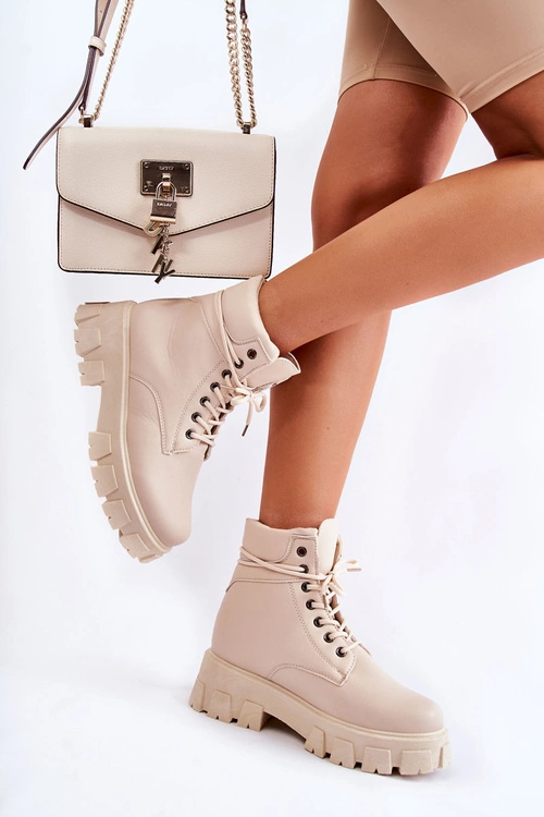 Damskie Botki Trapery Ocieplane Jasnobeżowe Flavin