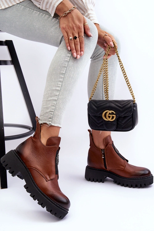 Damskie Skórzane Botki Z Ozdobą Brązowe Lemar Lusanna