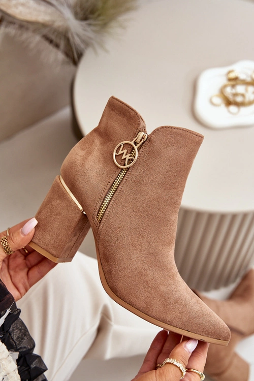 Botki Damskie Na Słupku Z Noskami W Szpic Eko Zamszowe Ocieplane Brązowe Raisha