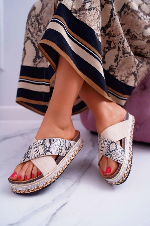 Klapki Damskie Na Platformie Beż Snake Greta