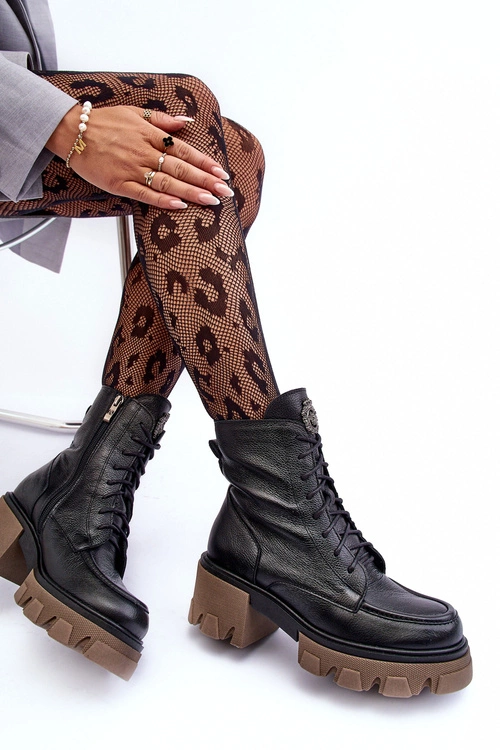 Skórzane Damskie Ocieplane Botki Trapery Czarne Lemar Rehin