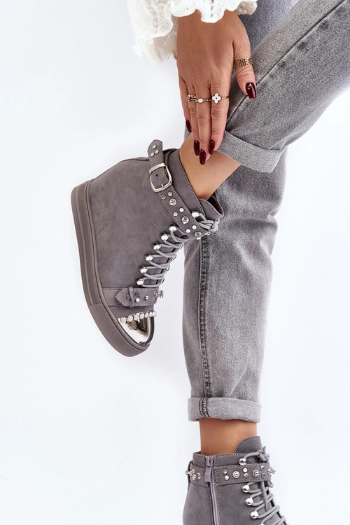 Ocieplane Botki Na Koturnie Z Dżetami Zamszowe Lu Boo Szare