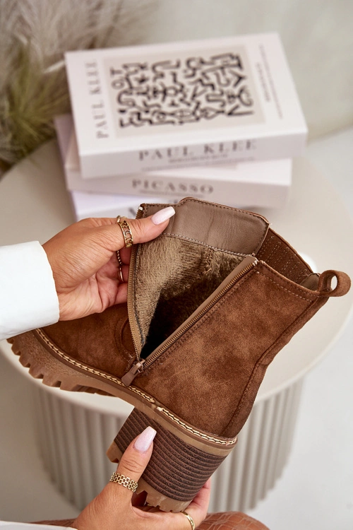 Botki Damskie Na Słupku Z Eko Zamszu Ocieplane Brązowe Nevitas