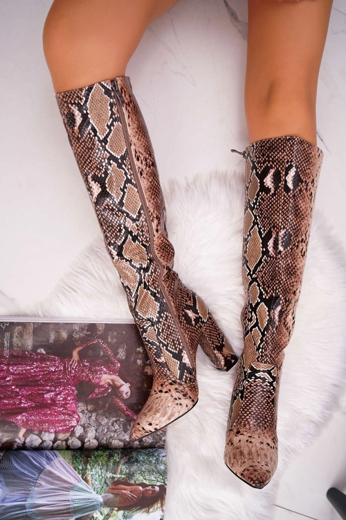 Kozaki Damskie Na Słupku Zwierzęca Faktura Brązowe Brouny