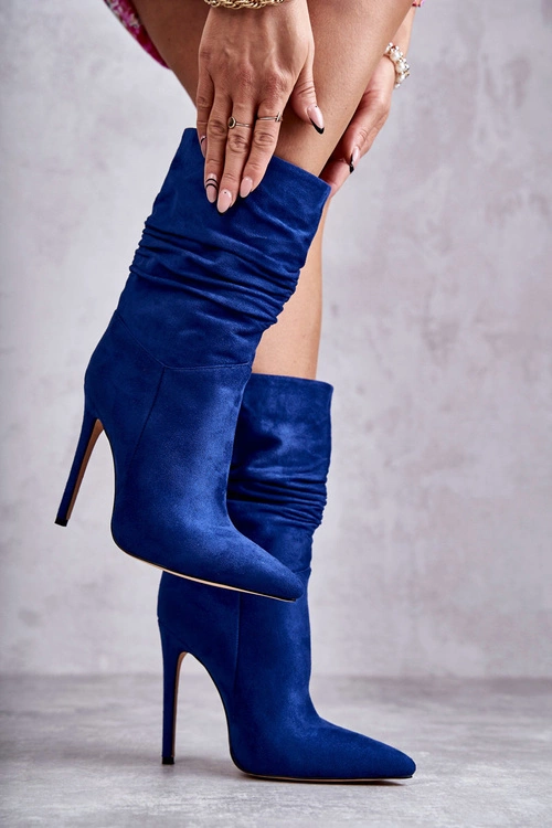 Damskie Marszczone Botki Kozaki Niebieskie Laguna