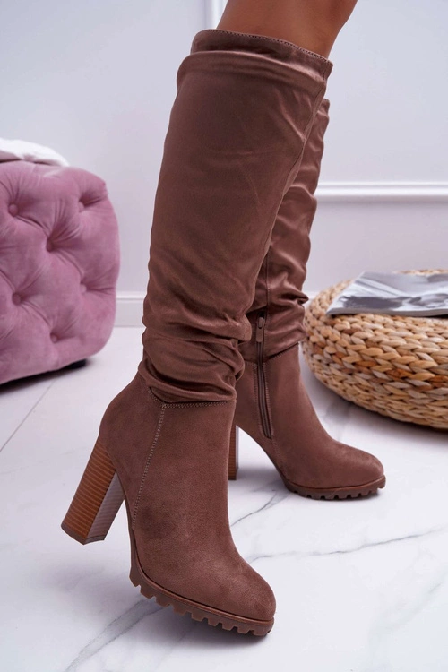 Kozaki Damskie Na Słupku Zamszowe Khaki Marion