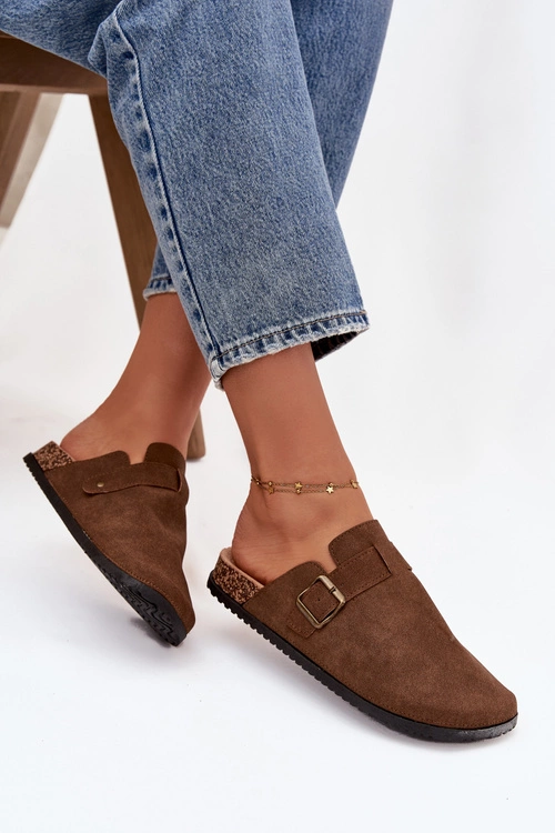 Klapki Chodaki Damskie i Na Platformie Z Klamrą Brązowe Selio