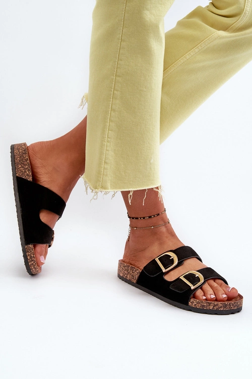 Damskie Klapki Na Korkowej Platformie Z Paskami Czarne Doretta