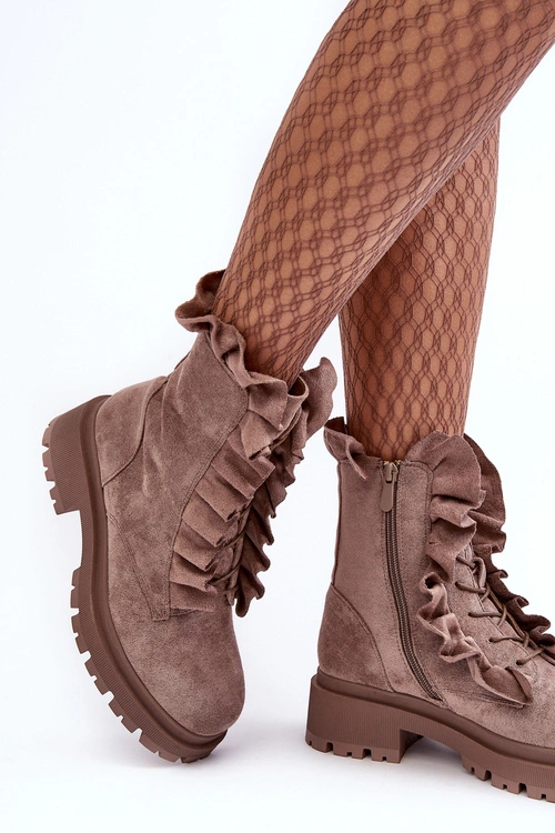 Zamszowe Ocieplane Botki Workery Na Płaskim Obcasie Ciemnobeżowe Nacelle