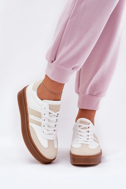 Sneakersy Damskie Na Platformie Z Eko Skóry Beżowo-Białe Ediriella