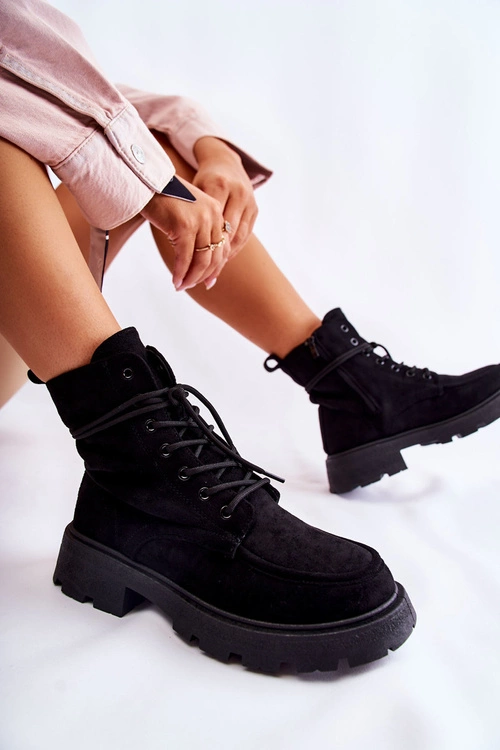 Damskie Zamszowe Botki Wiązane Czarne Vanita