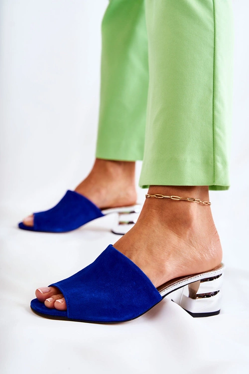 Zamszowe Klapki Damskie Na Obcasie Granatowe Perry