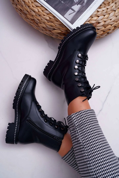 Botki Damskie Płaski Obcas Wysokie Glany Czarne Buena