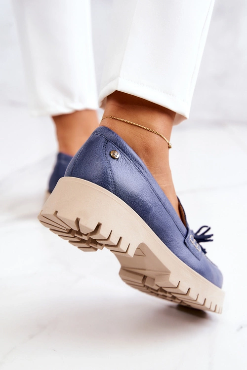 Damskie Skórzane Półbuty Frędzle Maciejka 05497-17 Niebieskie