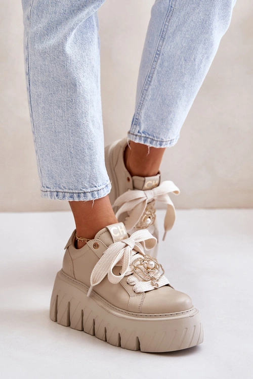 Sneakersy Damskie Na Masywnej Podeszwie Ze Złotą Ozdobą CheBello 4530 Beżowe