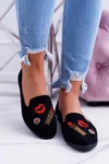 Czarne Damskie Baleriny Naszywki Lipstick