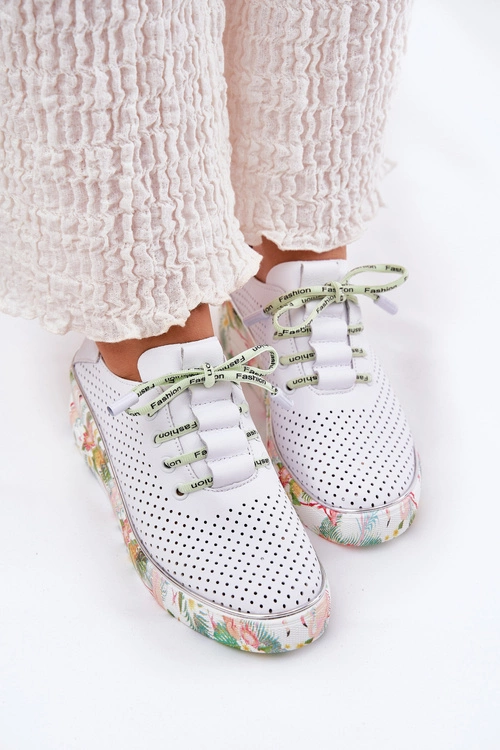 Skórzane Półbuty Na Koturnie Ze Wzorem Artiker 54C1807 Biało-Zielone