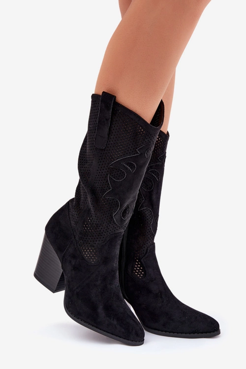 Ażurowe Kozaki Kowbojki Na Słupku S.Barski HY51-606 Czarne