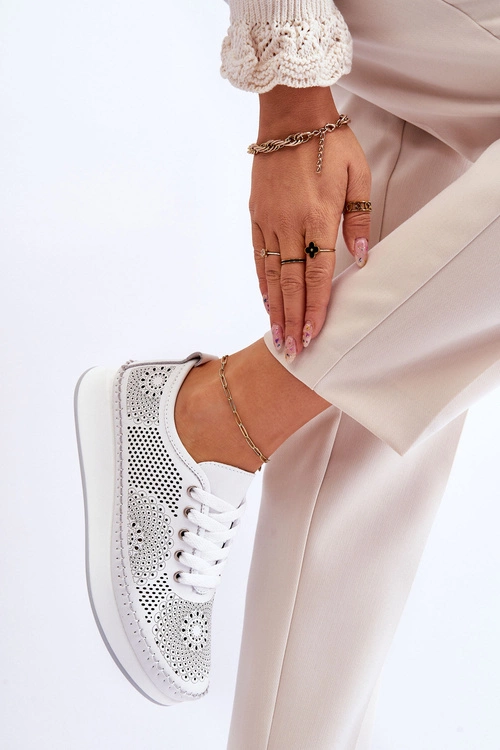 Damskie Skórzane Ażurowe Buty Sportowe Białe Marea